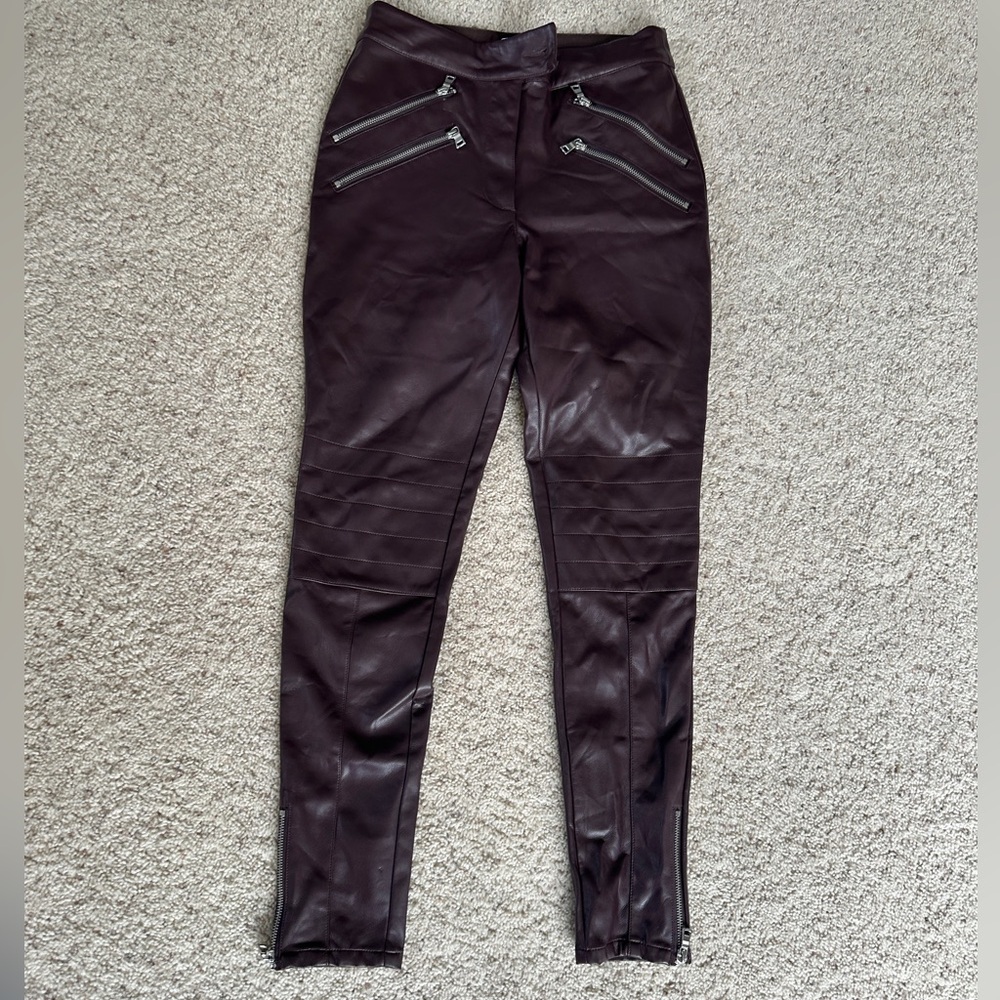Stylish Dark Purple Pleather Pants with Zipper Details